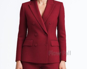Women’s Double-Breasted Maroon Red Suit | Slim-Fit Blazer Pantsuit | Elegant Office, Formal, Bridal & Custom Outfit, Women Business Suit.