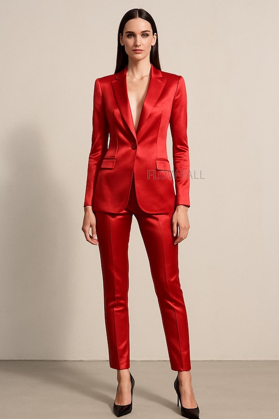 Women's Red Satin Formal Suit, Two Piece Suit, Boot Cut Pantsuit