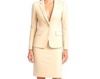 Ivory Pencil Skirt Suit, Elegant Formal Two-Piece
