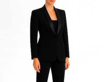 Women's Black Tuxedo Suit, Satin Lapel Pantsuit, Custom Bridal Suit