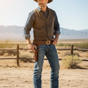 Puede incluir: Una persona con sombrero de vaquero marrón, chaleco y cinturón con funda, de pie en un paisaje desértico. Viste camisa vaquera y vaqueros, con botas de vaquero. La escena evoca un tema del Oeste.