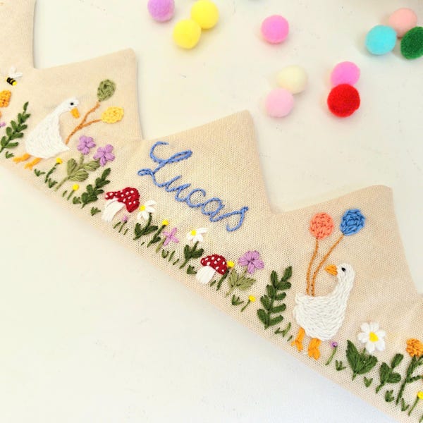 Hand Embroidered Linen Baby Crown: Woodland First Birthday Prop