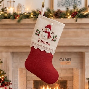 Custom Embroidered Christmas Stocking, Family Matching Xmas Stocking, Rustic Linen and Red Velvet Decor