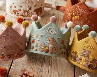 Gepersonaliseerde linnen kroon met bosdierenmotief, handgeborduurde hoofdband met bosthema