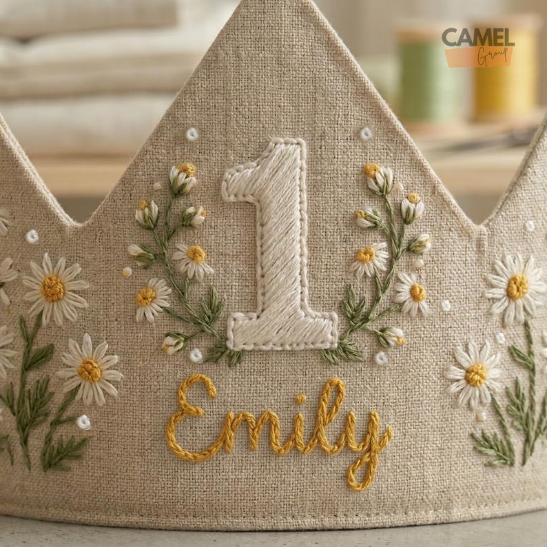 Corona de lino con margaritas personalizada para bebé, recuerdo con nombre bordado a mano, accesorio para fotos del primer cumpleaños. imagen 2