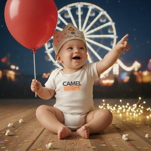 Peut inclure: Un b&eacute;b&eacute; portant une couronne et un body blanc avec le texte "CAMEL Group" et une bande orange. Le b&eacute;b&eacute; tient un ballon rouge et pointe vers une grande roue en arri&egrave;re-plan. Des confettis et du pop-corn sont &eacute;parpill&eacute;s sur le sol en bois.