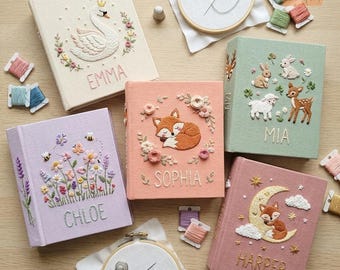 Álbum de fotos de bebé personalizado de lino bordado a mano, libro de recuerdos de animales del bosque