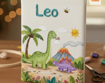 Gepersonaliseerde handgeborduurde dinosaurustuinlinnen notitieboek, gepersonaliseerd dino-geheugenboek, aandenken voor kinderen