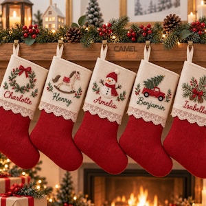 Embroidered Christmas Stocking, Custom Name Family Holiday Decor, Vintage Style Red and Linen Stocking