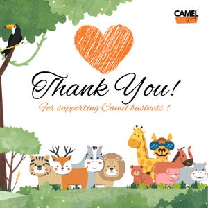 Peut inclure: Image avec le texte "Thank You! For supporting Camel business!" en noir et orange. L'image pr&eacute;sente un toucan, un c&oelig;ur orange et des animaux de dessins anim&eacute;s, dont un tigre, un cerf, un z&egrave;bre, un lion, une girafe, un ours, un cochon, un cheval et un hippopotame.