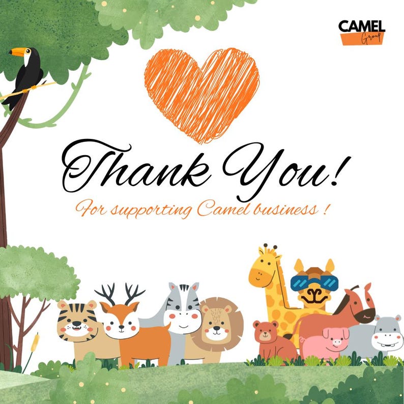 Peut inclure: Image avec le texte "Thank You! For supporting Camel business!" en noir et orange. L'image pr&eacute;sente un toucan, un c&oelig;ur orange et des animaux de dessins anim&eacute;s, dont un tigre, un cerf, un z&egrave;bre, un lion, une girafe, un ours, un cochon, un cheval et un hippopotame.