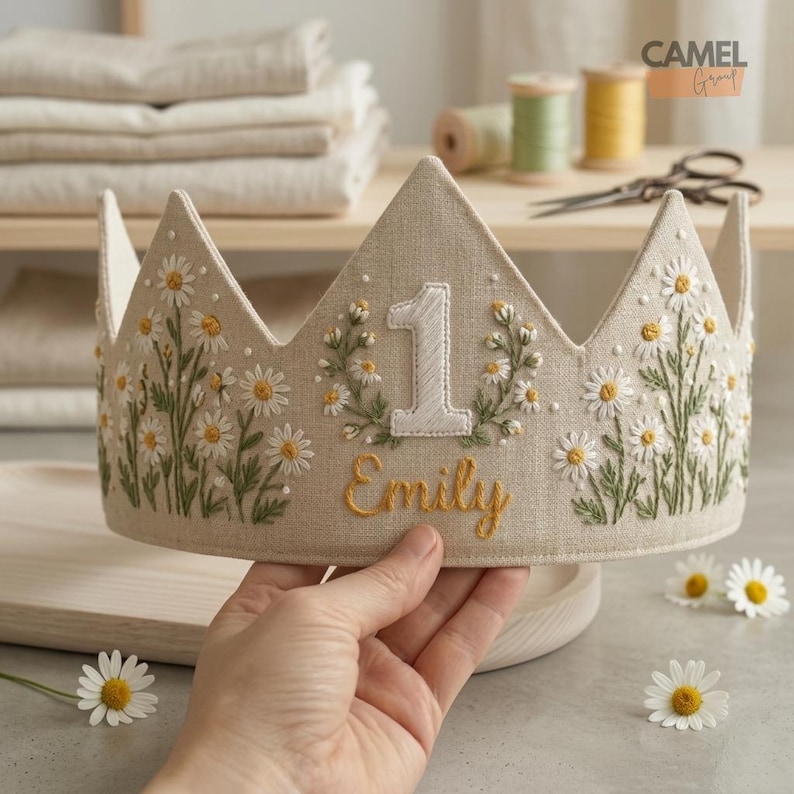 Puede incluir: Una corona de tela beige bordada con margaritas blancas y hojas verdes. El n&uacute;mero "1" y el nombre "Emily" est&aacute;n bordados en hilo blanco y dorado. La corona est&aacute; dise&ntilde;ada para una celebraci&oacute;n de primer cumplea&ntilde;os.