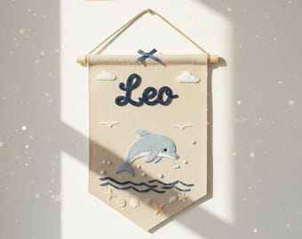 Decoración infantil personalizada con diseño de delfín, bandera de pared de lino bordada a mano