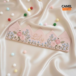 Personalized Forget-Me-Not & Rose Birthday Crown, Hand Embroidered Floral Linen Hat, Custom Baby Name Keepsake