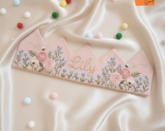 Personalized Forget-Me-Not & Rose Birthday Crown, Hand Embroidered Floral Linen Hat, Custom Baby Name Keepsake