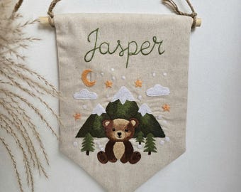 Custom Name Baby Banner, Personalized Hand Embroidered Linen Nursery Wall Flag