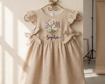 Personalized Linen Dress, Hand-Embroidered Daisy Butterfly, Custom Name Toddler Outfit
