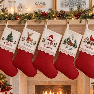 Personalized Christmas Stocking, Custom Hand Embroidered Holiday Stocking, Family Name Xmas Stocking, Red and Linen Mantel Decor