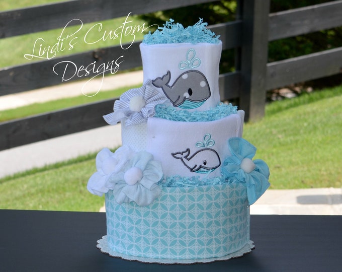 Whale Diaper Cake, Embroidered Whale Diaper Cake Baby Shower Table Centerpiece Gift, Neutral Diaper Cake, Embroidered Baby Gift Diaper Cake