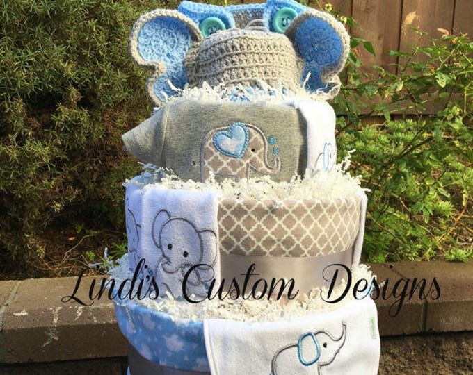 Elephant Baby Shower, Elephant Diaper Cake, Blue Gray Elephant Diaper Cake, Baby Shower Table Centerpiece Gift, Embroidered Diaper Cake