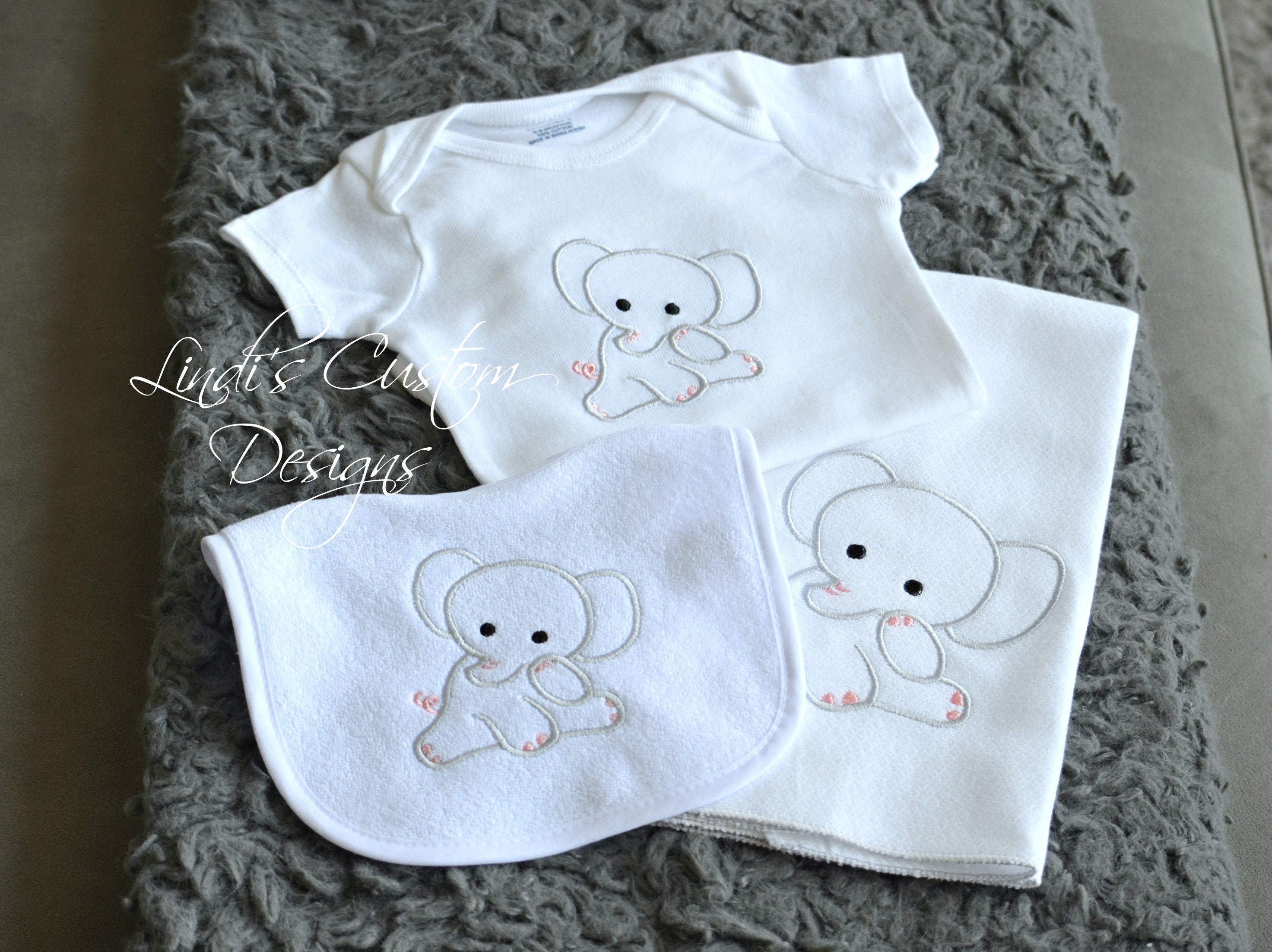 Girl/'s Pink and Gray Elephant Infant Burp Cloth and Monogram Bib Set