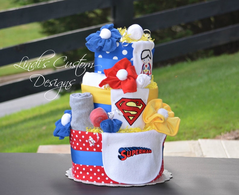 Superman Inspired Diaper Cake Boy Superhero Diaper Cake Red Blue Yellow Diaper Cake Boy Diaper Cake Superhero Baby Shower Centerpiece