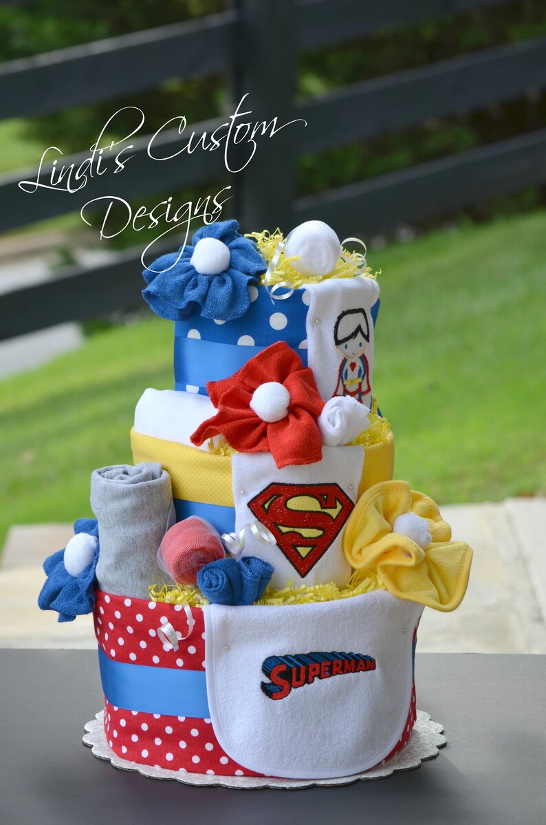Superman Inspired Diaper Cake Boy Superhero Diaper Cake Red Blue Yellow Diaper Cake Boy Diaper Cake Superhero Baby Shower Centerpiece