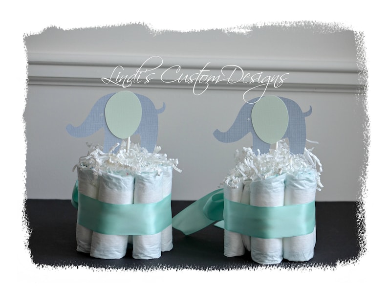 Neutral Elephant Diaper Table Decor Mint Gray Elephant Mini Diaper Table Centerpiece Set of 2 Baby Shower Elephant Mint Gray Table Toppers