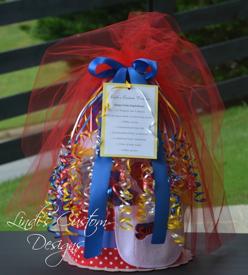 Superman Inspired Diaper Cake Boy Superhero Diaper Cake Red Blue Yellow Diaper Cake Boy Diaper Cake Superhero Baby Shower Centerpiece