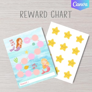 Op de afbeelding: Een beloningskaart met een blauwe aquarel oceaanachtergrond, twee zeemeerminnen, roze cirkelvormige vakjes en de tekst "YOU CAN DO IT", "START", "YOU DID IT" en "Reward :." Een apart vel toont gele, lachende sterstickers.