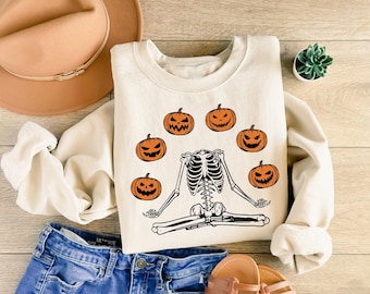 Funny Pumpkin Skeleton Sweatshirt: Skeleton Halloween Shirt, Fall Pumpkin Shirt for Women