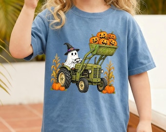 Comfort Colors® Ghost Farmer Halloween Shirt, Cute Kids Tractor Tee, Pumpkin Patch Fall Outfit, Spooky Farm Season Apparel