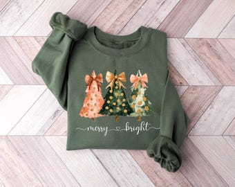 Merry Bright Christmas Sweatshirt, Xmas Tree Sweater, Festive Holiday Gift