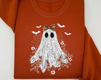Womens Floral Ghost Sweatshirt: Cute Spooky Season Halloween Crewneck