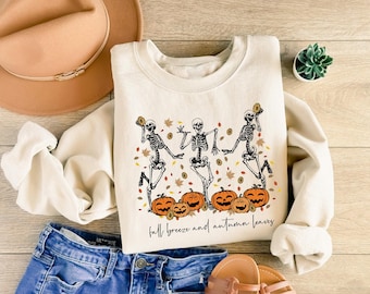 Funny Dancing Skeleton Sweatshirt: Pumpkin Halloween Party Shirt, Womens Halloween Gift