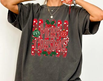Comfort Colors® Retro Merry Christmas Long Sleeve, Red Brushstroke Holiday Shirt, Vintage Xmas Tee, Festive Christmas Gift