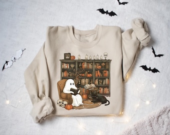 Halloween Ghost Book Reading Sweatshirt: Books Lover Gift, Bookish Halloween Teacher Shirt