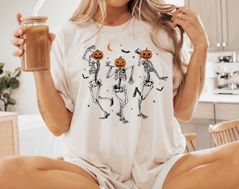 Dancing Skeleton Pumpkin Halloween Sweatshirt: Retro Spooky Season Shirt