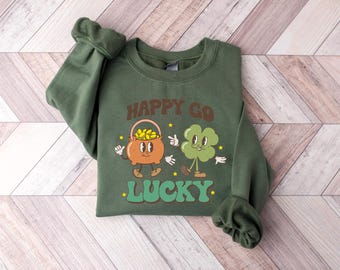 Retro Happy Go Lucky Sweatshirt, St Patricks Day Sweater, Womens Shenanigans T-Shirt