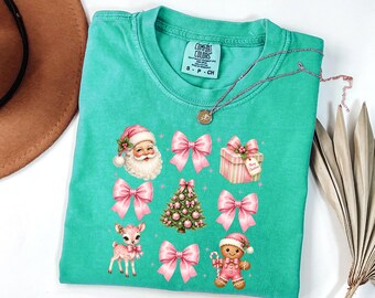 Comfort Colors® Cute Christmas T-Shirt, Pastel Pink Gingerbread Shirt, Holiday Bow Tee, Vintage Xmas Gift