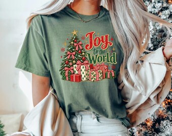Comfort Colors® Retro Joy To The World Long Sleeve, Christmas Tree Holiday Shirt, Womens Festive Tee, Vintage Xmas Gift