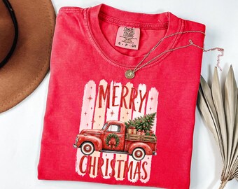 Comfort Colors® Vintage Red Truck Christmas T-Shirt, Merry Christmas Tree Shirt, Retro Holiday Tee, Festive Xmas Gift for Her