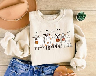 Funny Halloween Ghost Cow Sweatshirt: Halloween Ghost Cows Shirt, Spooky Cows Halloween Gift