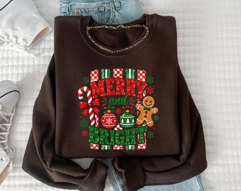 Vintage Merry and Bright Sweatshirt, Gingerbread Christmas Shirt, Retro Candy Cane Tee, Festive Holiday Gift
