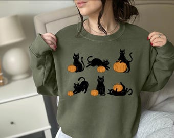 Funny Halloween Pumpkin Cats Sweatshirt: Cute Spooky Cat Shirt, Womens Ghost Cat Gift