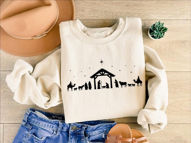 Christian Christmas Nativity Scene Sweatshirt: Jesus Lover Gift, Bible Verse Shirt image 3