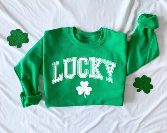 Retro Lucky Sweatshirt, Womens St Patricks Day Hoodie, Shamrock Shirt, Four Leaf Clover T-Shirt