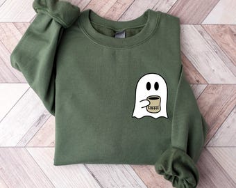 Spooky Coffee Halloween Sweatshirt: Womens Ghost Shirt, Spooky Season Fall Gift