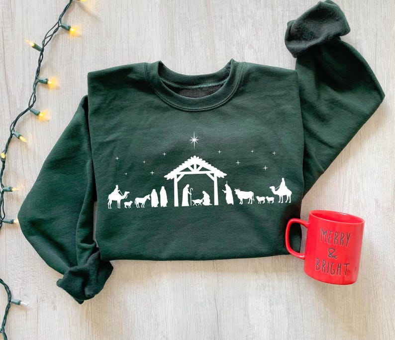 Christian Christmas Nativity Scene Sweatshirt: Jesus Lover Gift, Bible Verse Shirt image 2