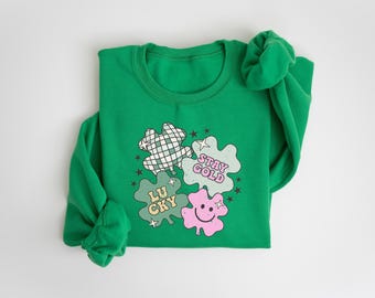 Retro Shamrock Sweatshirt, Womens St Patricks Day Sweater, Four Leaf Clover, Shenanigans T-Shirt